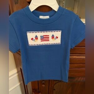 Vive la fete 4th July Smocked blue flag Knit Tee Shirt 12 months NWOT